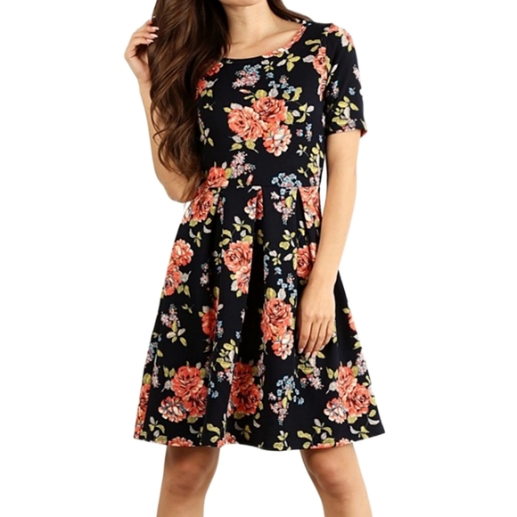 NAVY & ORANGE FLORAL PLEATED A-LINE DRESS - Picture 5 of 7